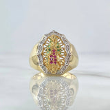 Virgin Guadalupe Ring Silhouette 6.85gr / Size 8 3/4 / White, Green, and Fuchsia Zircons 18K Yellow Gold *