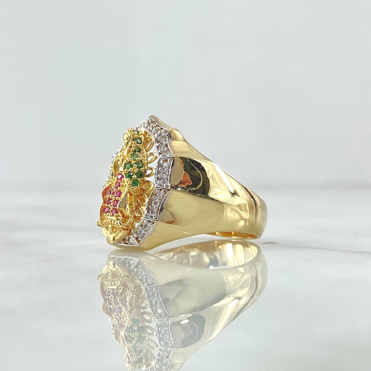 Virgin Guadalupe Ring Silhouette 6.85gr / Size 8 3/4 / White, Green, and Fuchsia Zircons 18K Yellow Gold *