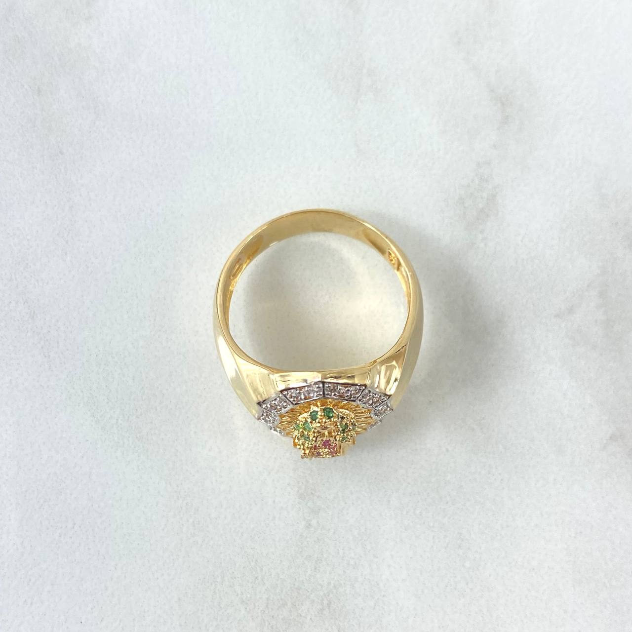 Virgin Guadalupe Ring Silhouette 6.85gr / Size 8 3/4 / White, Green, and Fuchsia Zircons 18K Yellow Gold *