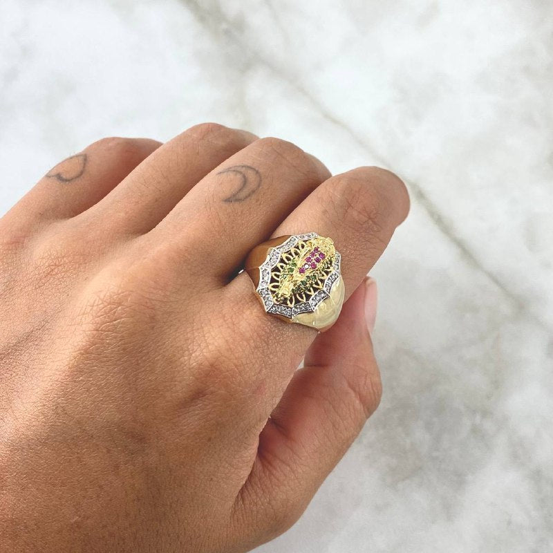 Virgin Guadalupe Ring Silhouette 6.85gr / Size 8 3/4 / White, Green, and Fuchsia Zircons 18K Yellow Gold *