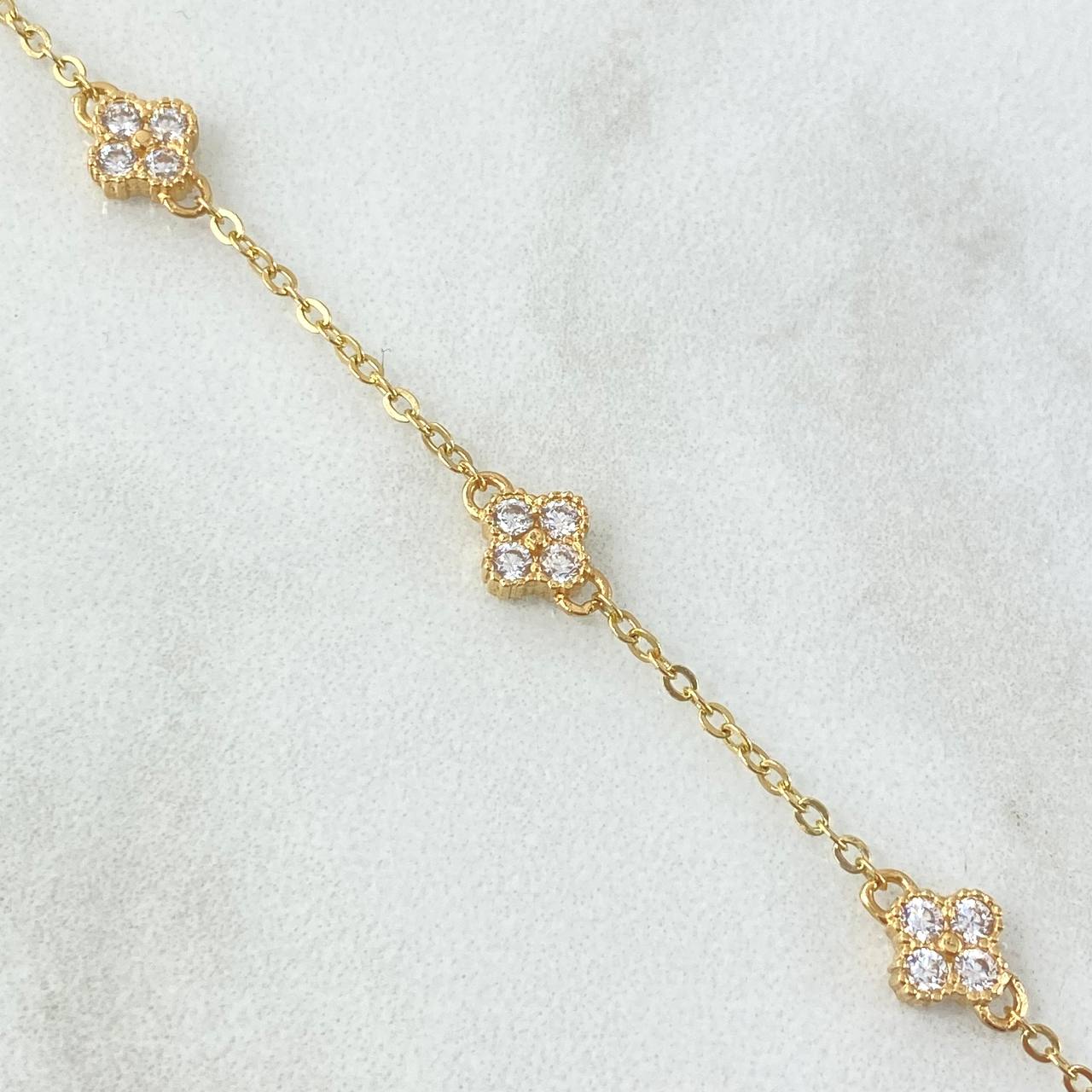 Pulso Aro Seguido Flor 3.05gr / 17cm-18cm / Circones Blancos Oro Amarillo 18K