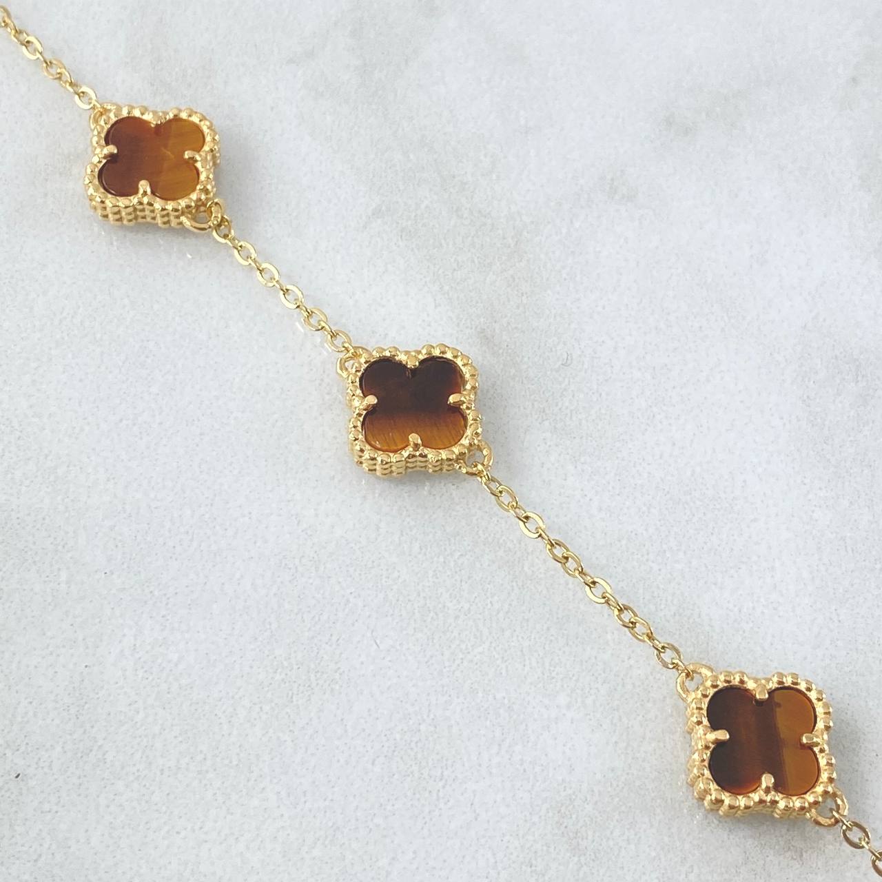 Classic Link Bracelet Clover VCyA Dotted 6.65gr / 19cm / 1.5mm Tiger Eye Quartz 18K Yellow Gold