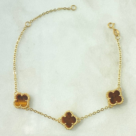 Pulso Aro Seguido Trebol VCyA Punteado 4.45gr / 16cm-19cm / 1.5mm Graduable Cuarzo Ojo de Tigre Oro Amarillo  18K