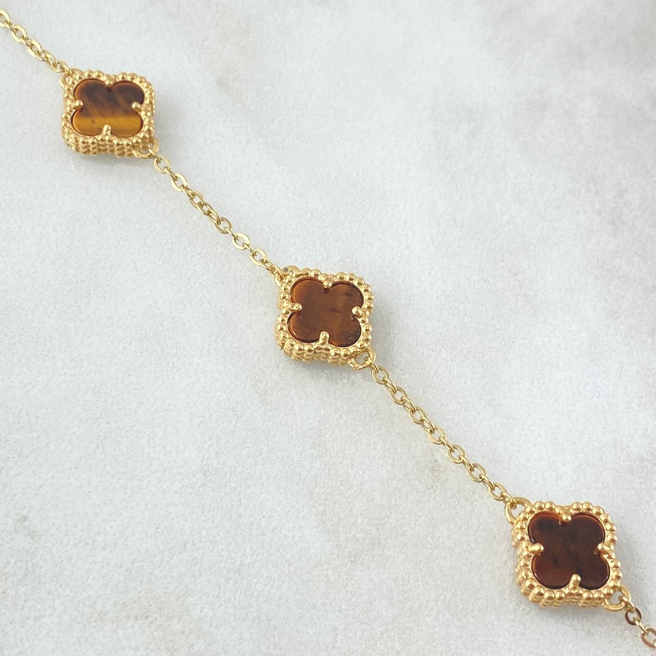 Classic Link Bracelet Gradual VCyA Clover 4.25gr / 16.5cm-19cm / 1.5mm Spotted Tiger Eye Yellow Gold 18K