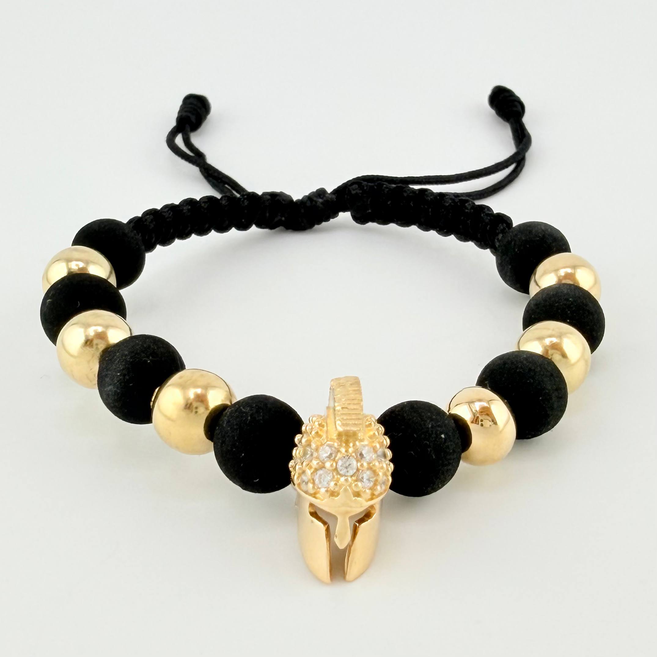 Black Woven Bracelet Spartan Helmet / 6 And 7Mm Plain Yellow Gold 18K
