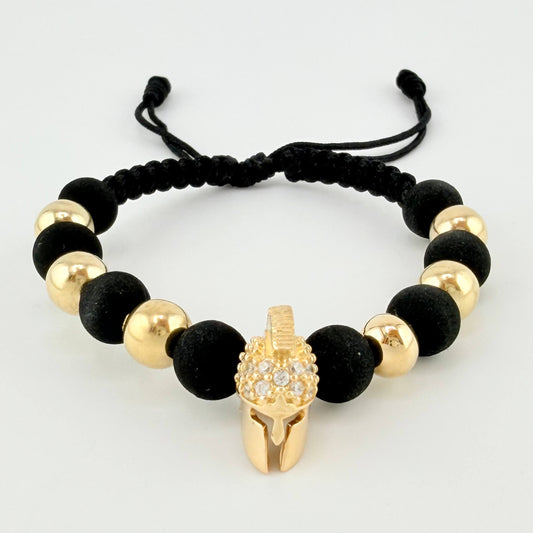 Pulsera Tejida Negra Casco Espartano / 6 Und 7Mm Lisas Oro Amarillo 18K