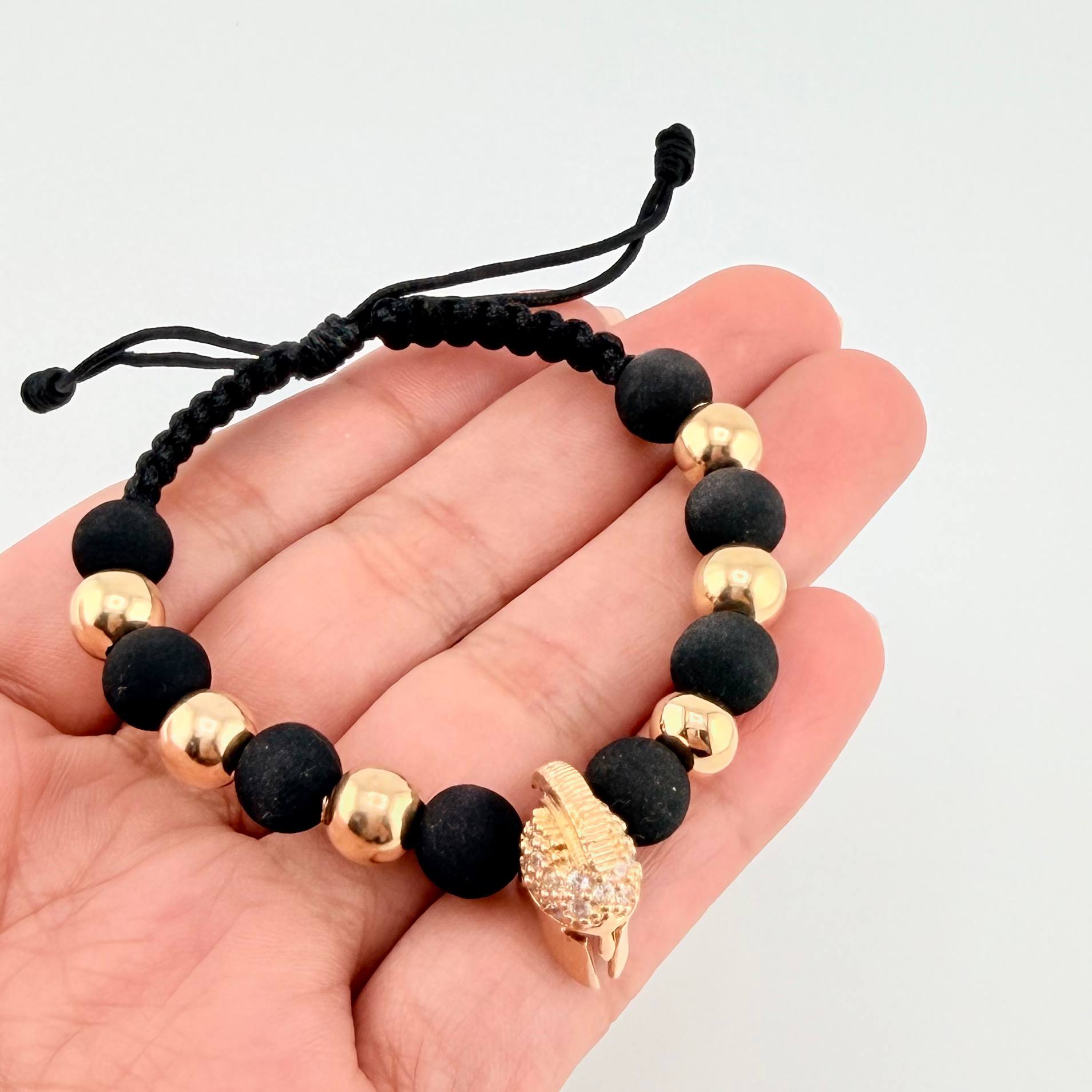 Black Woven Bracelet Spartan Helmet / 6 And 7Mm Plain Yellow Gold 18K