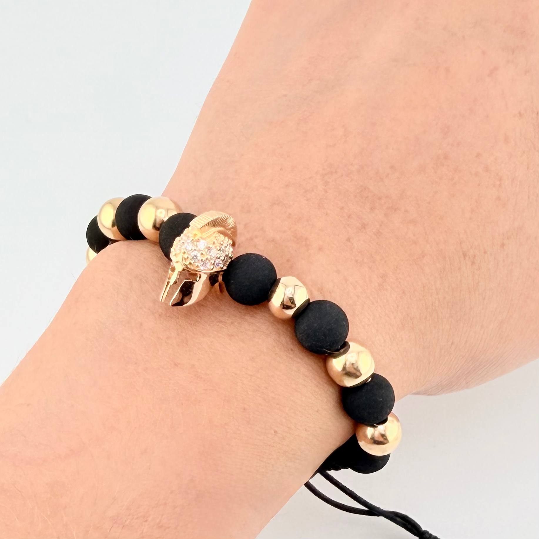 Black Woven Bracelet Spartan Helmet / 6 And 7Mm Plain Yellow Gold 18K
