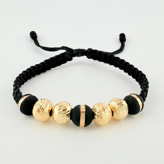 Pulsera Tejida Negra 3 Neoros 8Mm / 4 Und 8Mm Diamantadas Oro Amarillo 18K
