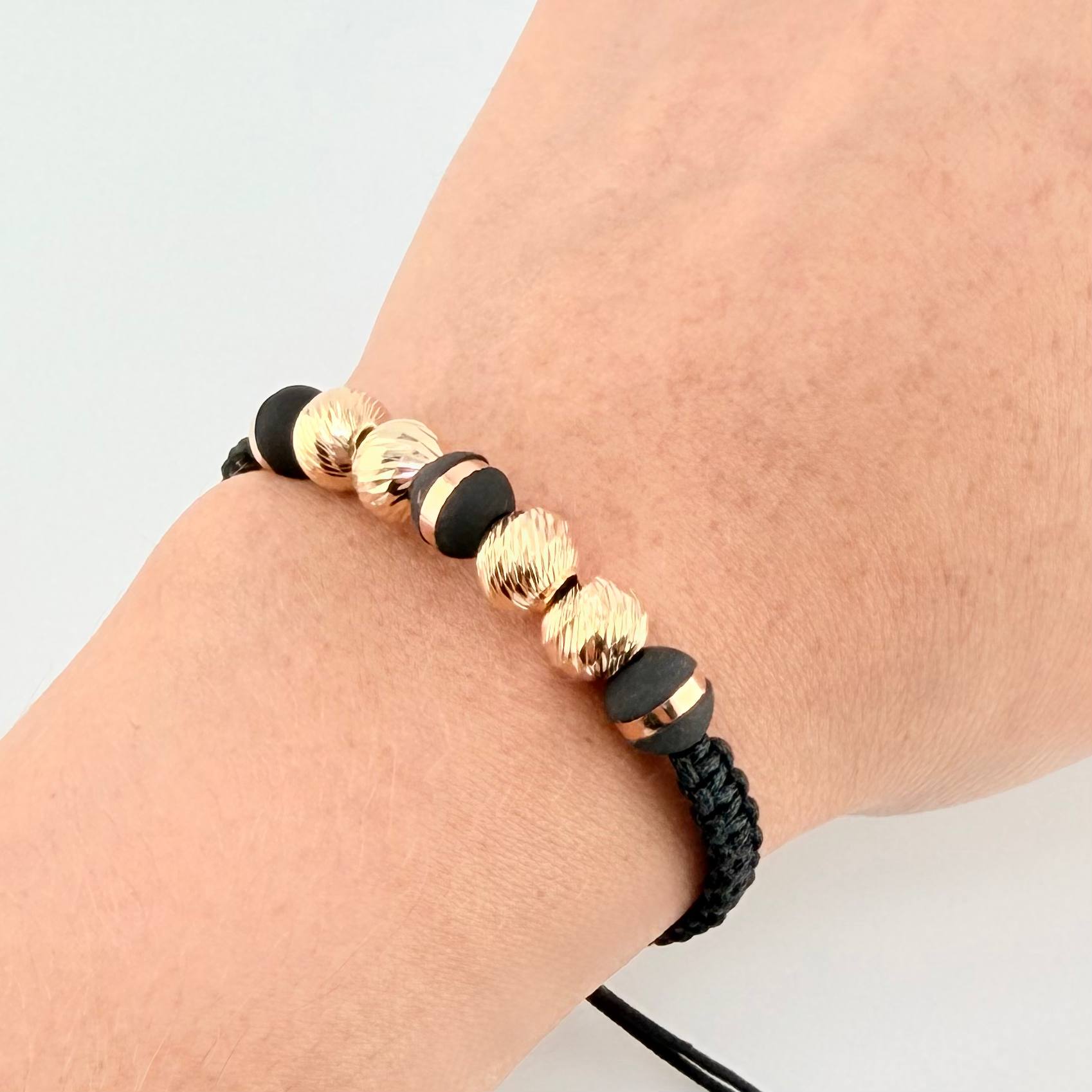 Black Woven Bracelet 3 Neoros 8Mm / 4 8Mm Diamond Cut Yellow Gold 18K