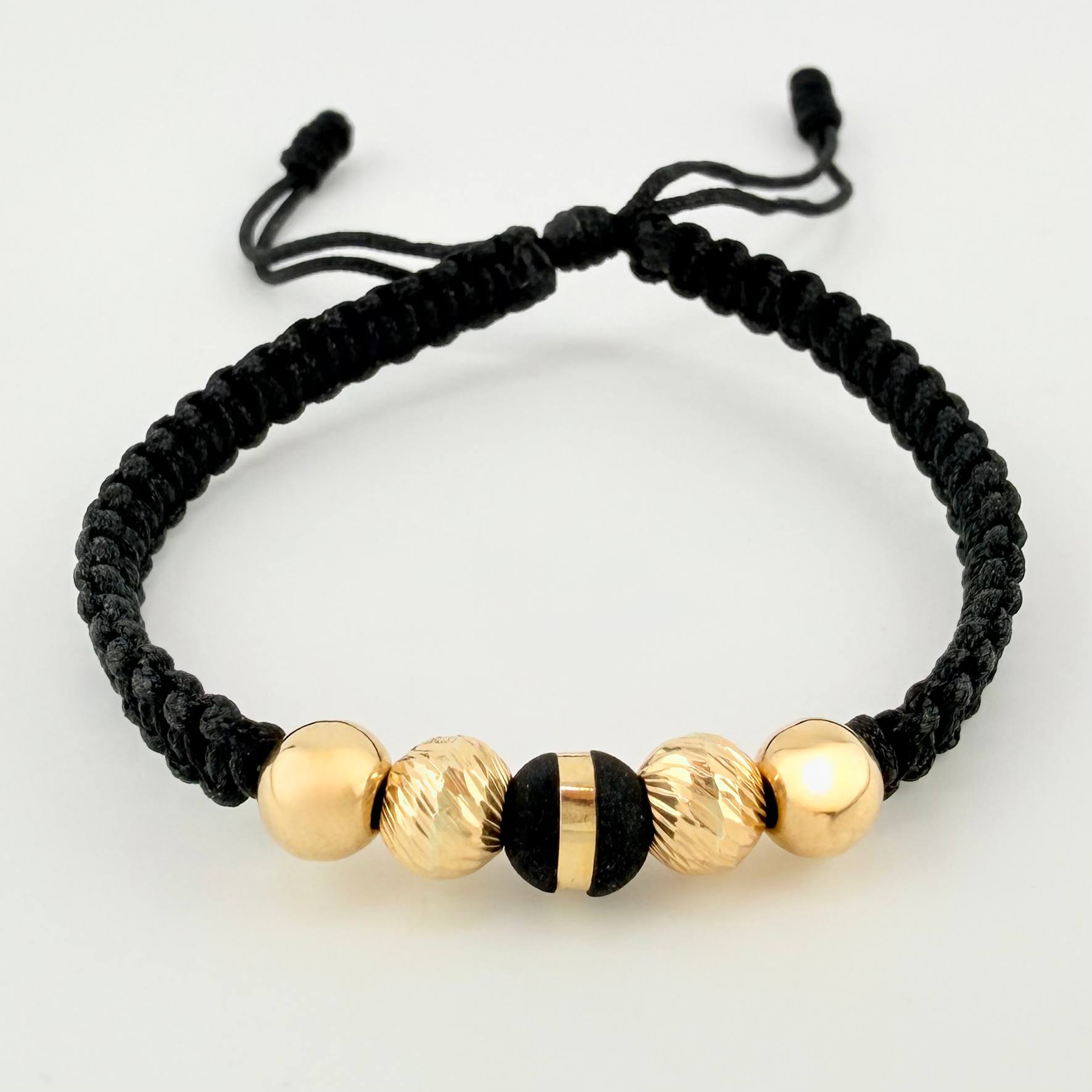 Pulsera Tejida Negra 1 Neoro / 2 Und 6Mm Diamantadas 2 Und 63Mm Lisas Oro Amarillo 18K