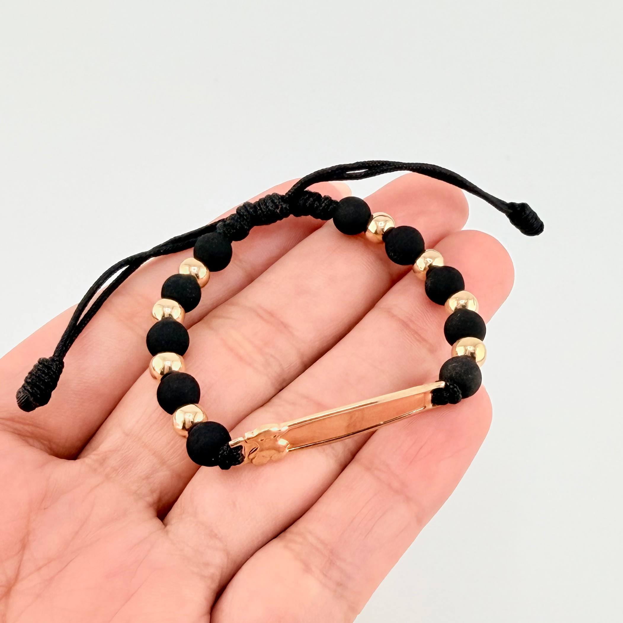 Black Woven Bracelet Bear Plate / 4 Units 5Mm Plain Yellow Gold 18K