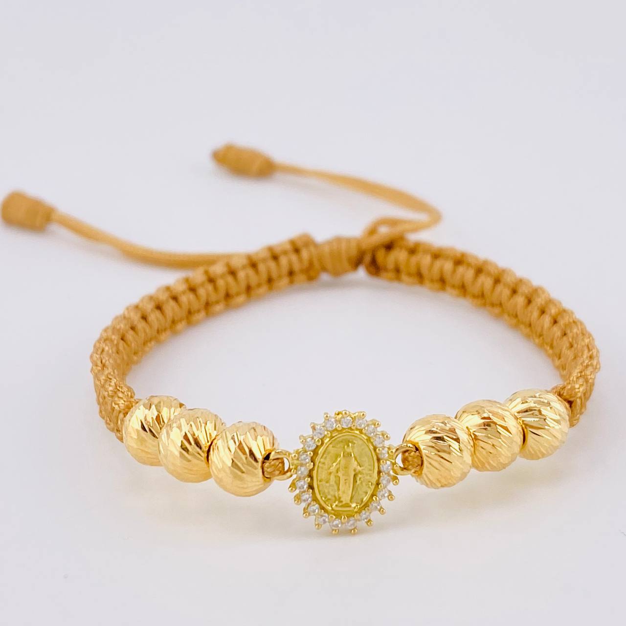 Woven Bracelet Brown Miraculous Virgin / 3 Units 6Mm Diamond Cut Yellow Gold 18K