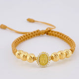 Woven Bracelet Brown Miraculous Virgin / 3 Units 6Mm Diamond Cut Yellow Gold 18K