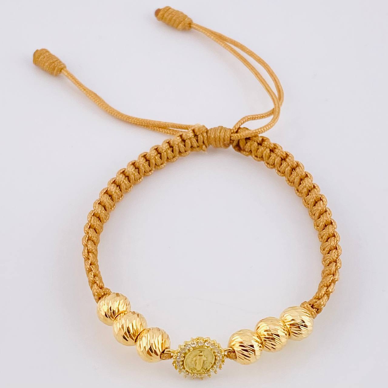 Woven Bracelet Brown Miraculous Virgin / 3 Units 6Mm Diamond Cut Yellow Gold 18K