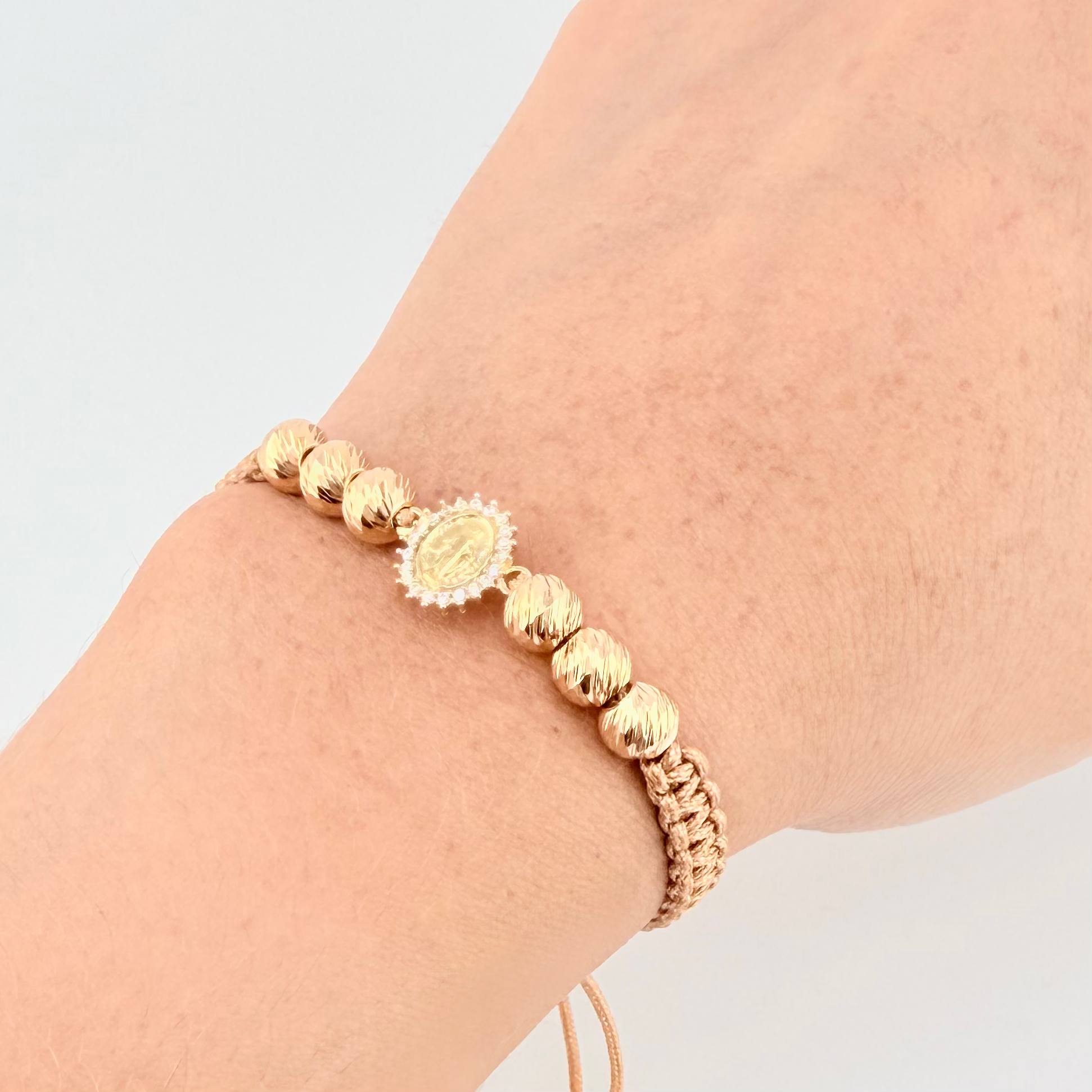 Woven Bracelet Brown Miraculous Virgin / 3 Units 6Mm Diamond Cut Yellow Gold 18K