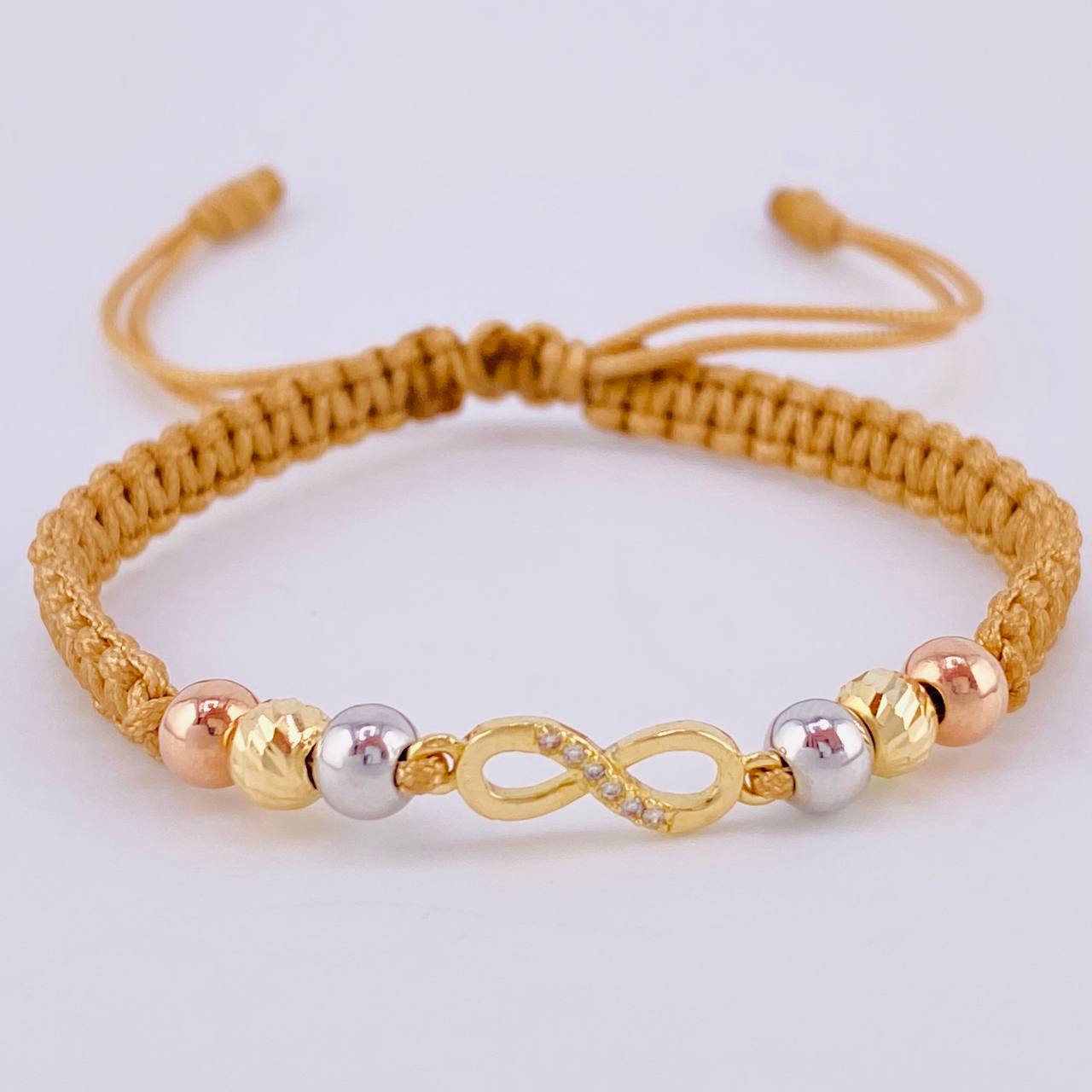 Pulsera Tejida Cafe Herraje Infinito 4 Und 5Mm Lisas / 2 Und 5Mm Diamantadas Tres Oros 18K