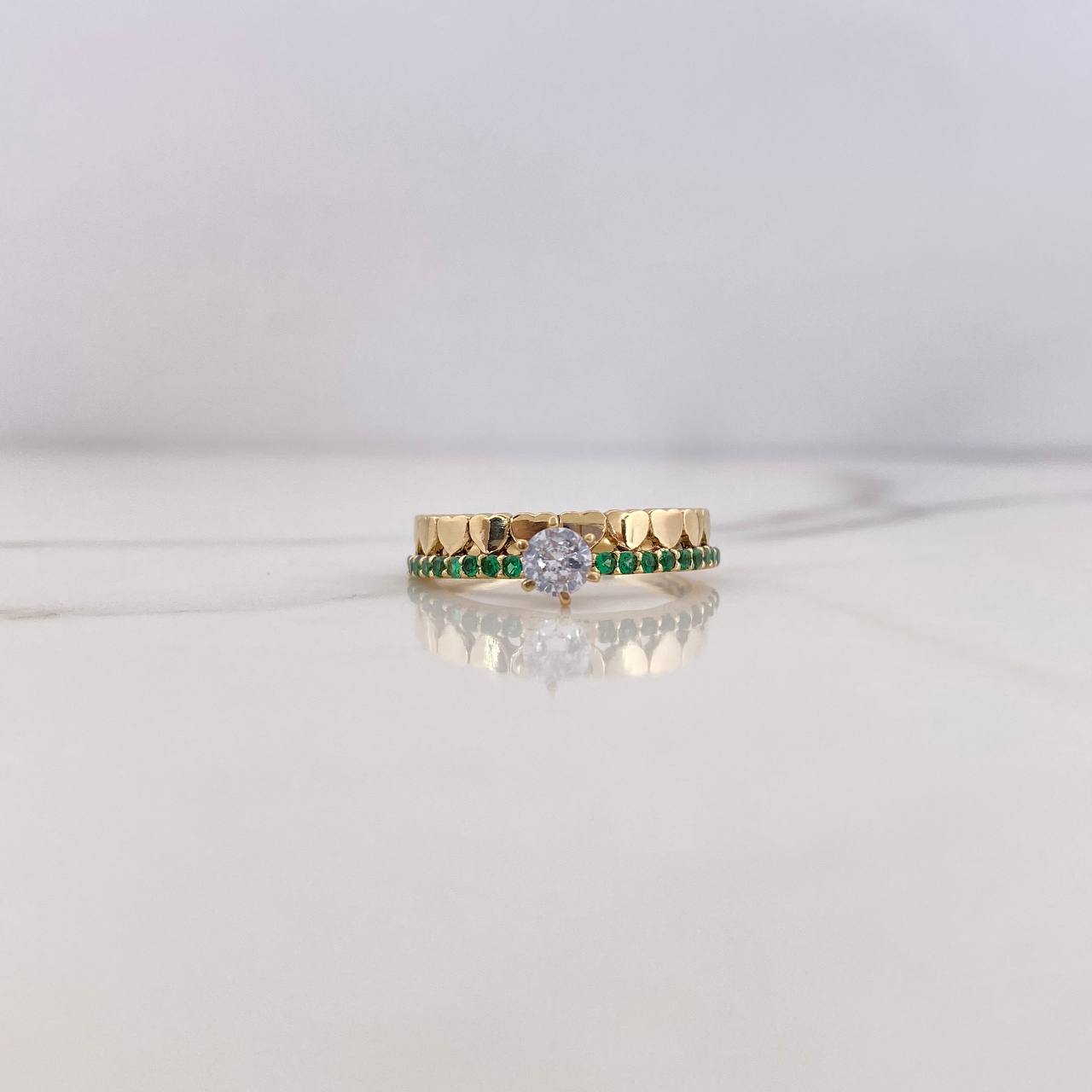 Ring Solitaire Hearts Line 2.45gr / Size 6 1/4 / Green Zircons White 18K Yellow Gold &
