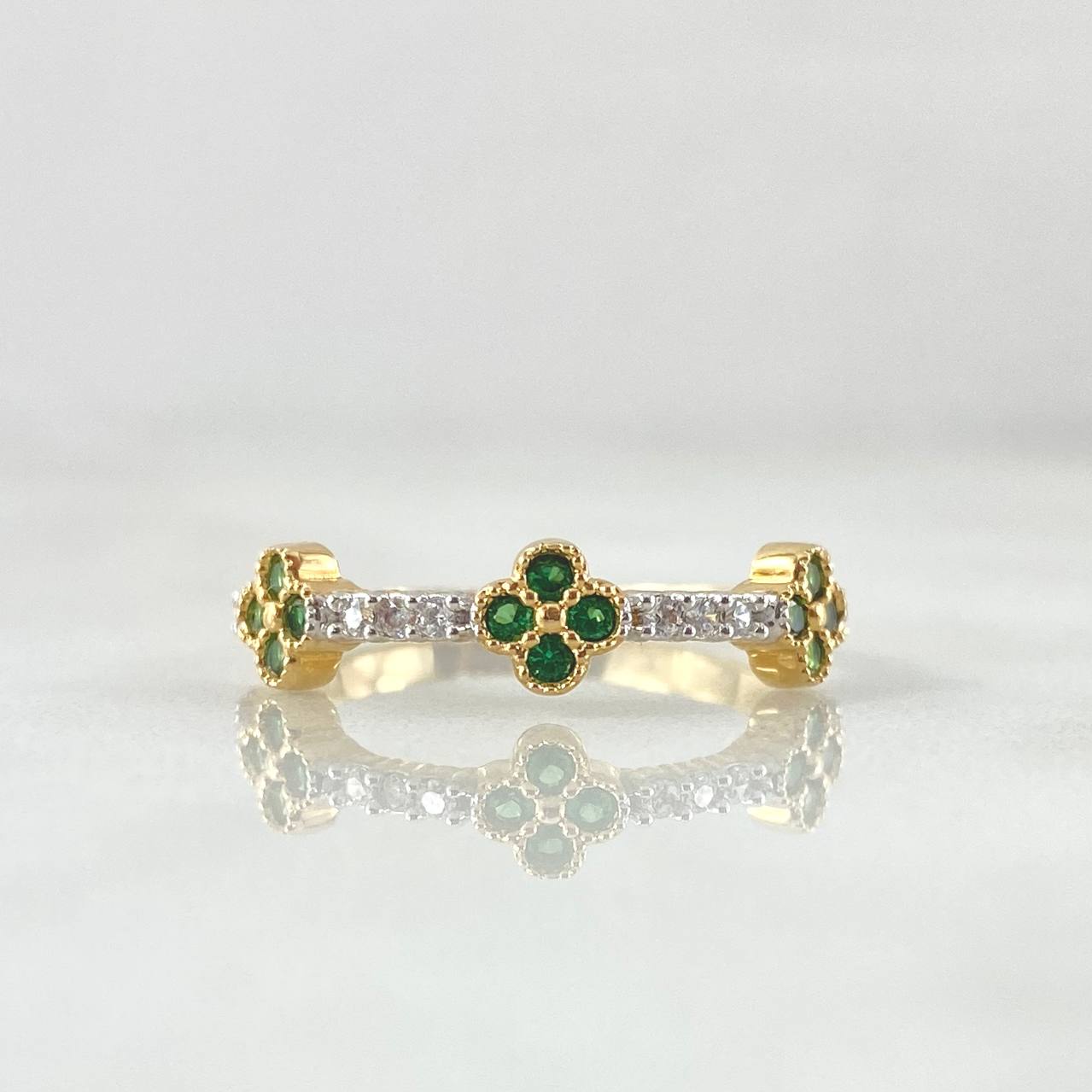 Anillo Corona de Treboles 1.95gr / T6 1/2 / Circones Blancos Verdes Oro Amarillo 18K
