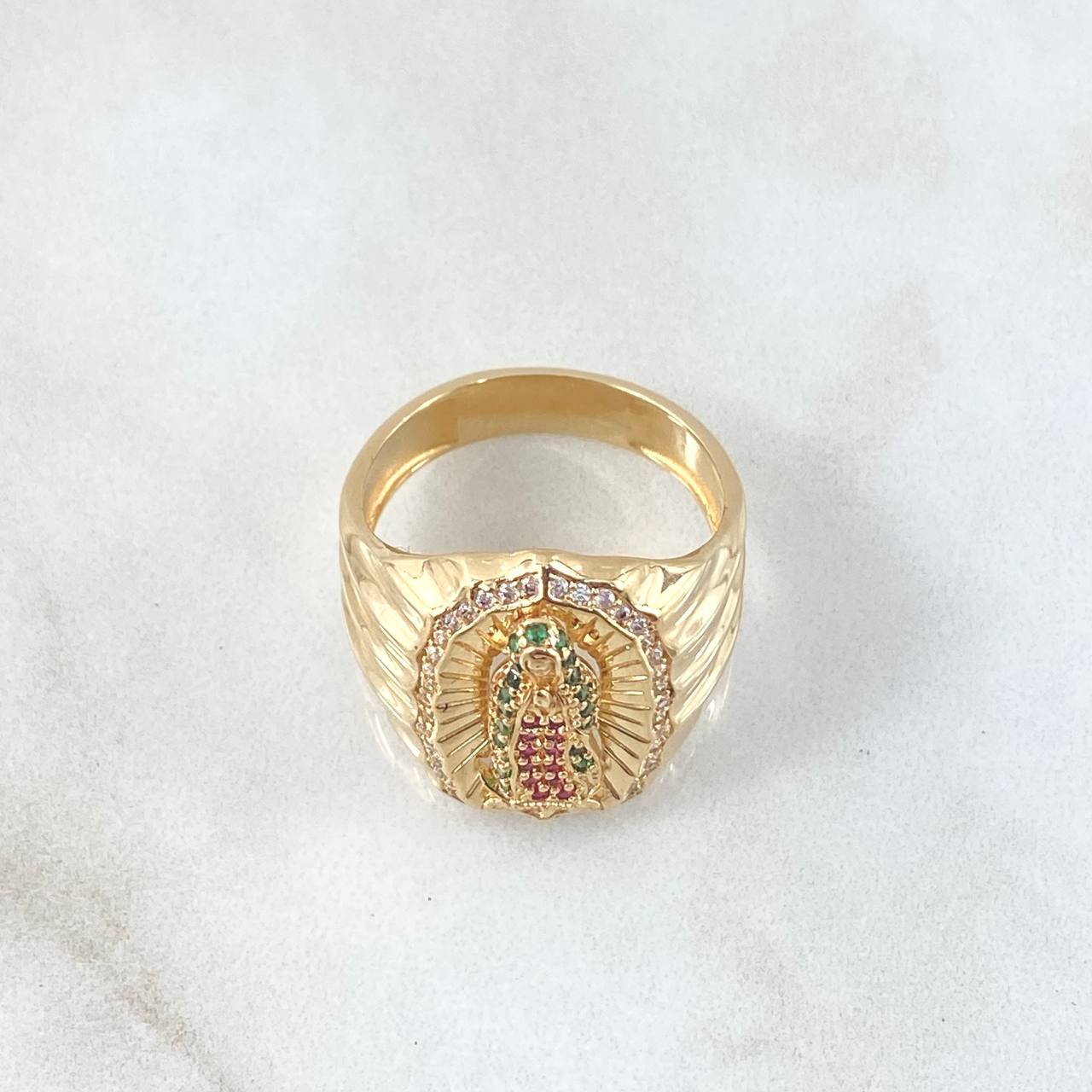 Anillo Virgen Guadalupe 7.55gr / T9 / Circones Blancos Verdes Fucsia Oro Amarillo 18K