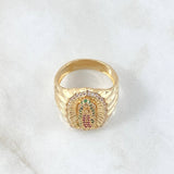 Anillo Virgen Guadalupe 7.55gr / T9 / Circones Blancos Verdes Fucsia Oro Amarillo 18K