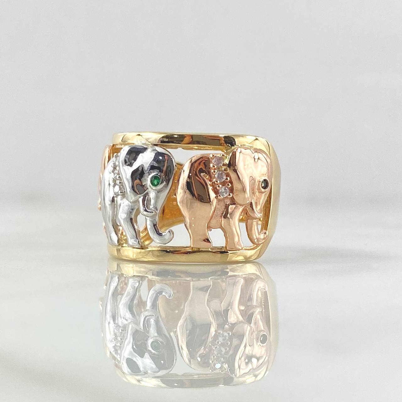 Trio Elephant Ring 9.15gr / Size 7 1/2 / White and Green Zircons Three 18K Golds