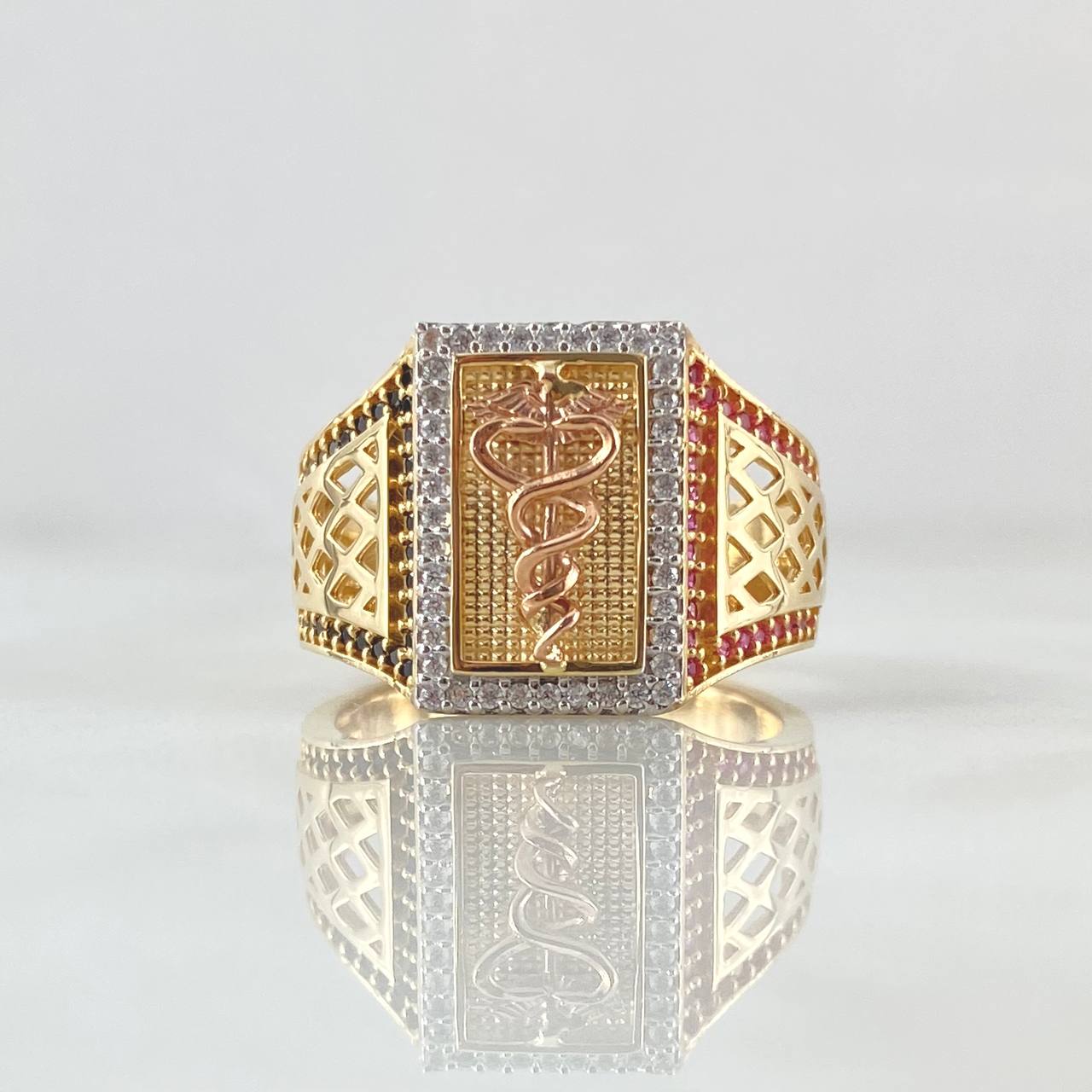 Anillo Vara de Esculapio 8gr / T10 1/2 / Circones Blancos Negros Fucsia Tres Oros 18K