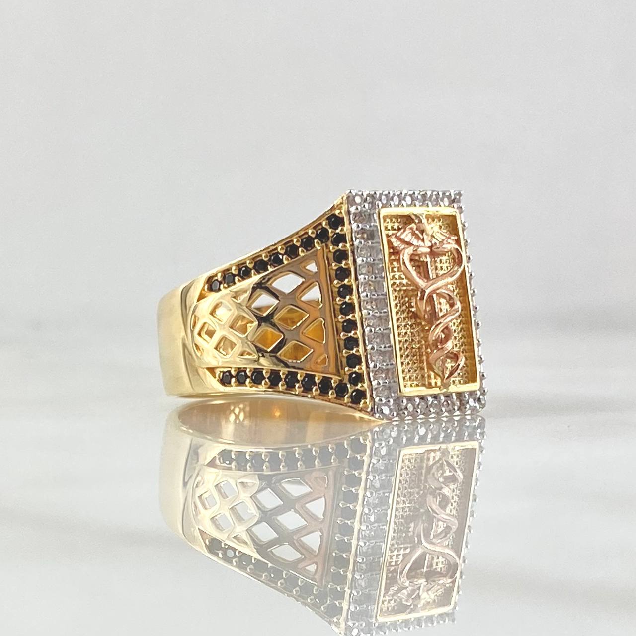 Anillo Vara de Esculapio 8gr / T10 1/2 / Circones Blancos Negros Fucsia Tres Oros 18K