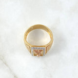 Anillo Vara de Esculapio 8gr / T10 1/2 / Circones Blancos Negros Fucsia Tres Oros 18K