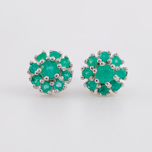 Stud Earrings Dense Flower Emeralds 0.87 Pts 2.2 g / in / 9.2 mm Silver 925
