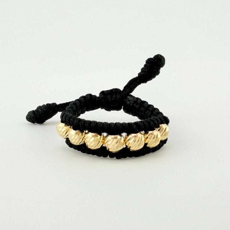 Black Woven Ring with Diamond Cut Beads 0.55 g / T7 Yellow Gold 18K
