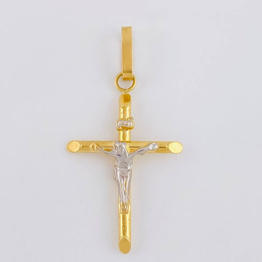 Dije Cruz Cristo Puntas Planas 1.2 g / 1 3/4 in Dos Oros Amarillo Blanco 18K