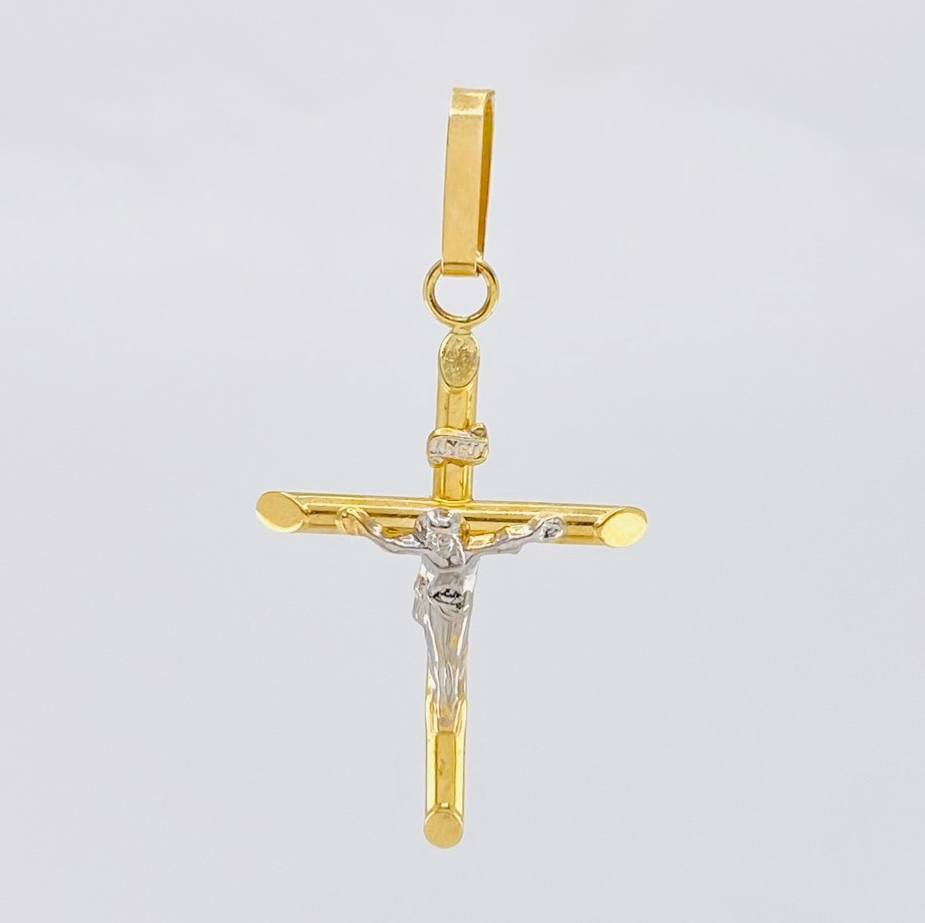 Dije Cruz Cristo Puntas Planas 1.2 g / 1 3/4 in Dos Oros Amarillo Blanco 18K