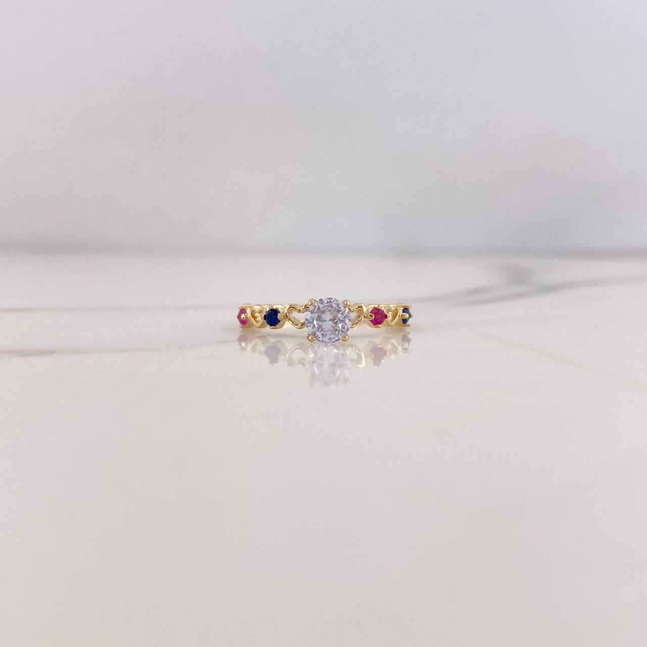 Ring Solitaire 1.15gr / T5 1/4 / Hearts Blue Fuchsia White Zircons 18K Yellow Gold &