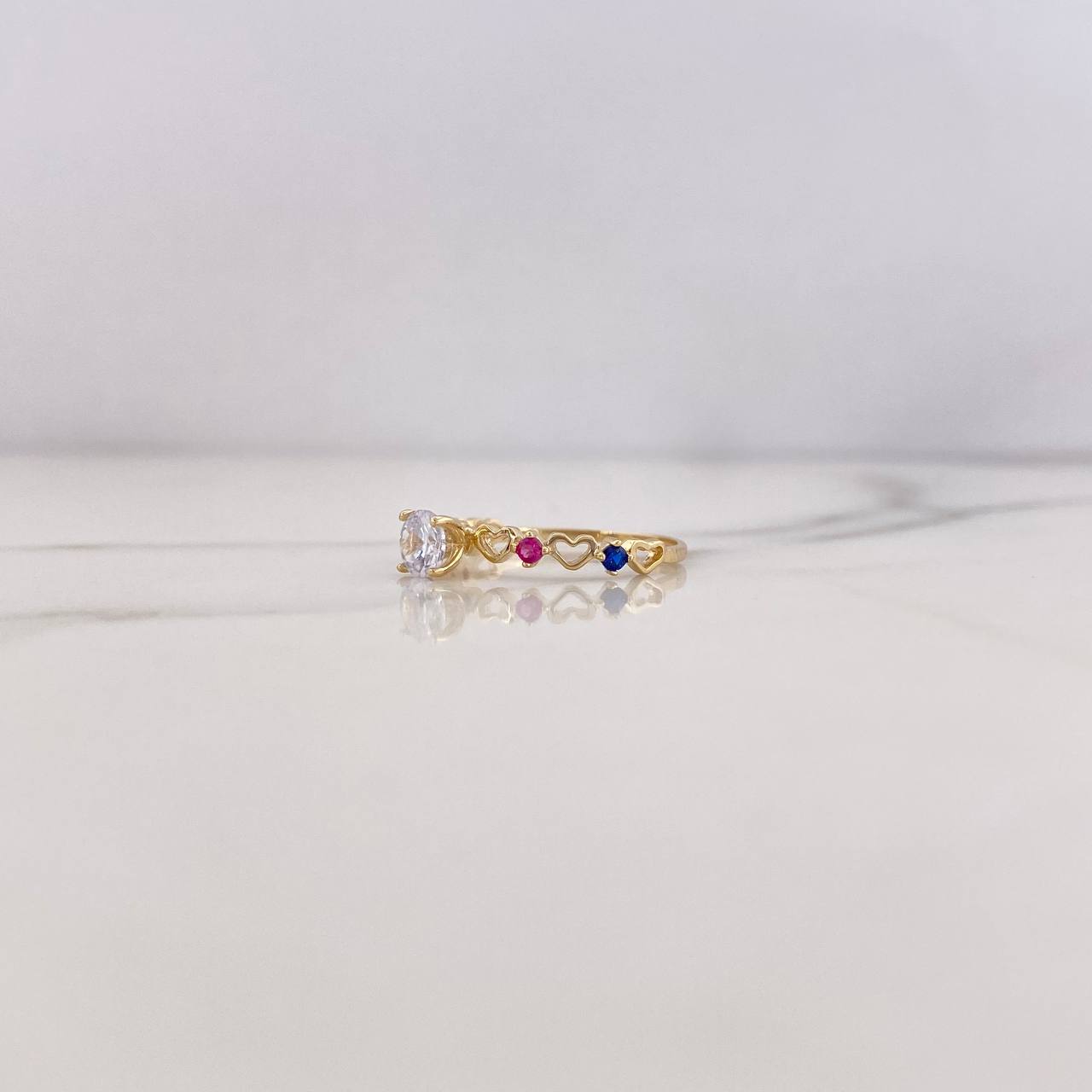 Ring Solitaire 1.15gr / T5 1/4 / Hearts Blue Fuchsia White Zircons 18K Yellow Gold &