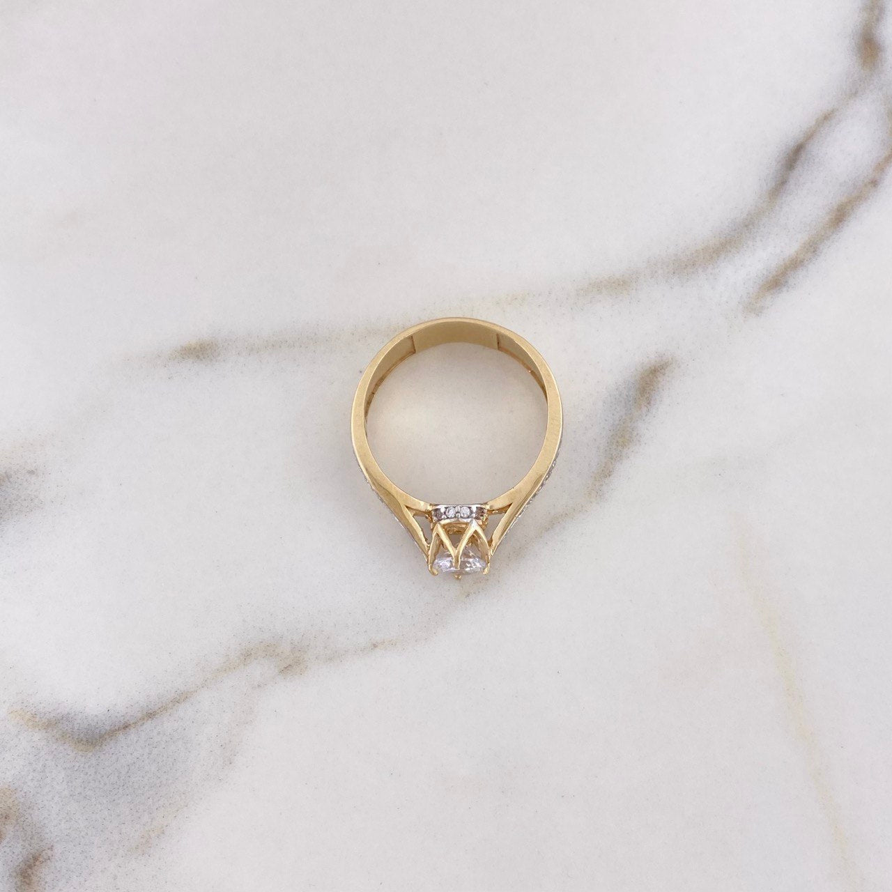 Ring Solitaire Bridge Crown 4.25gr / Size 7 3/4 / White Zircons Two-tone Yellow and White Gold 18K #