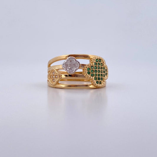 Anillo Trebol  5.4gr / T7 3/4 / Circones Blancos Verdes Dos Oros Amarillo Blanco 18K &