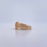 Inverted Line Ring 3.25gr / Size 7 1/2 / White Zircon Flowers 18K Yellow Gold &
