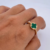 Anillo Trebol 2.75gr / T7 1/4 / Malaquita Verde Circones Blancos Oro Amarillo 18K &