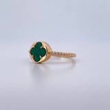 Anillo Trebol 2.75gr / T7 1/4 / Malaquita Verde Circones Blancos Oro Amarillo 18K &