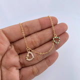 Ankle bracelet Classic Link 4.15gr / 25cm / Pendants Heart White and Green Zirconia 18K Yellow Gold &