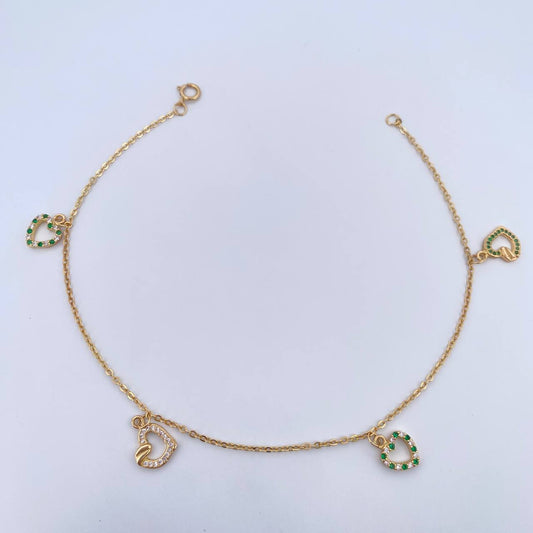 Ankle bracelet Classic Link 4.15gr / 25cm / Pendants Heart White and Green Zirconia 18K Yellow Gold &