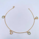 Ankle bracelet Classic Link 4.15gr / 25cm / Pendants Heart White and Green Zirconia 18K Yellow Gold &