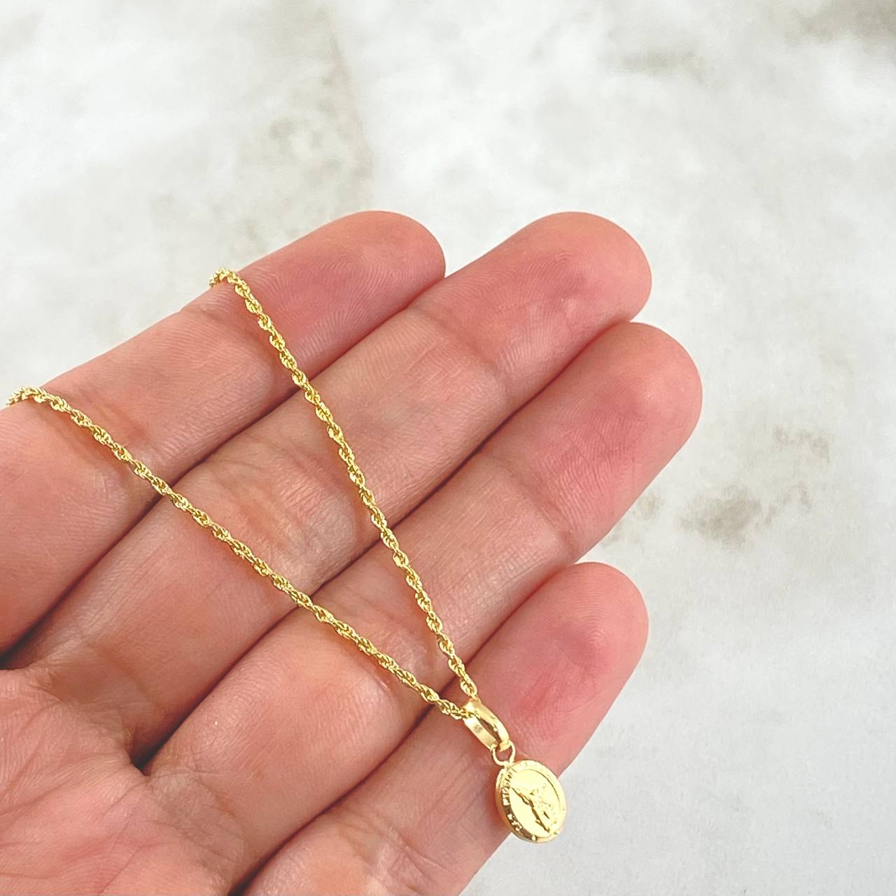 Chain Set Bow 0.95gr / 50cm / 1.2mm + Pendant Saint Michael the Archangel 0.4gr / 1.5cm Matte 1.35gr Yellow Gold 18K (Offer)