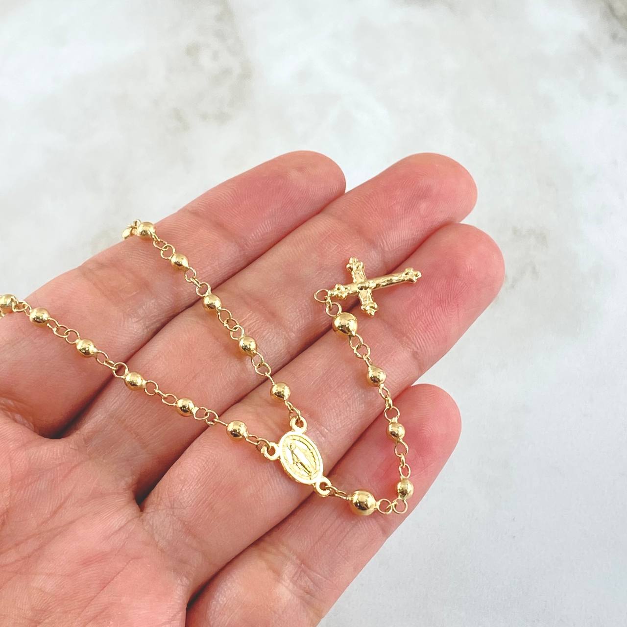Miraculous Virgin Rosary 6.4gr / 50cm / 3mm-4mm Cross Christ Flowered Tips 18K Yellow Gold *