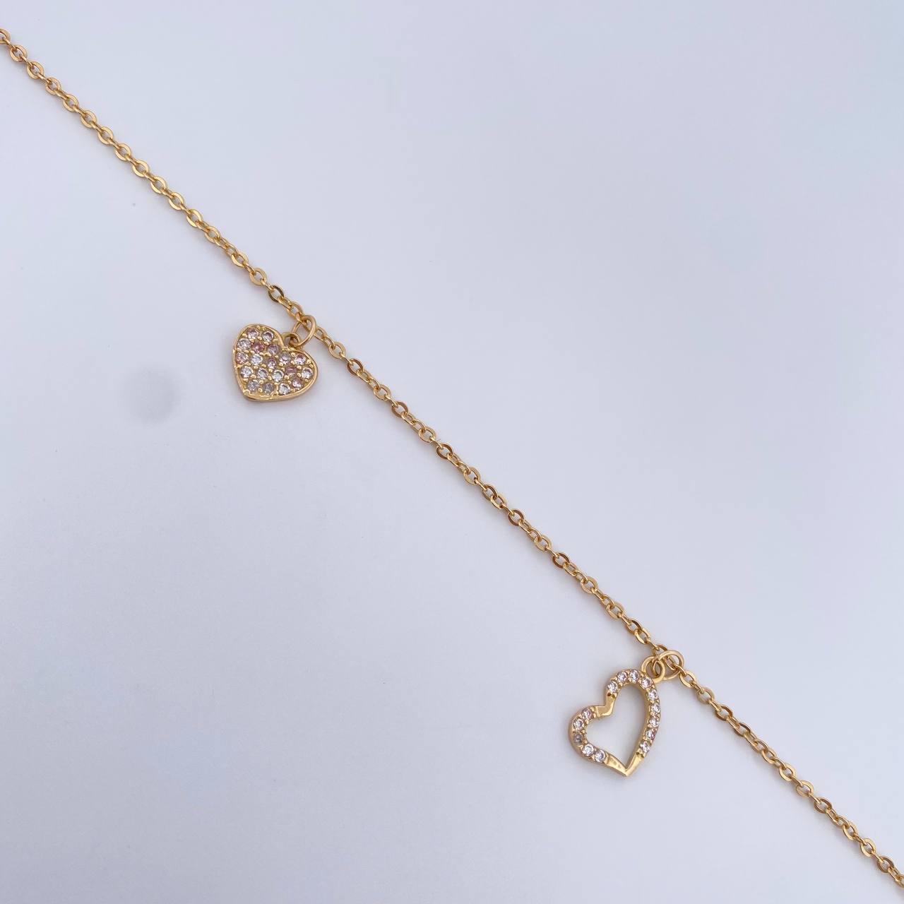 Ankle bracelet Classic Link 3.3gr / 24.9cm / Pendants Heart White and Green Zirconia 18K Yellow Gold &
