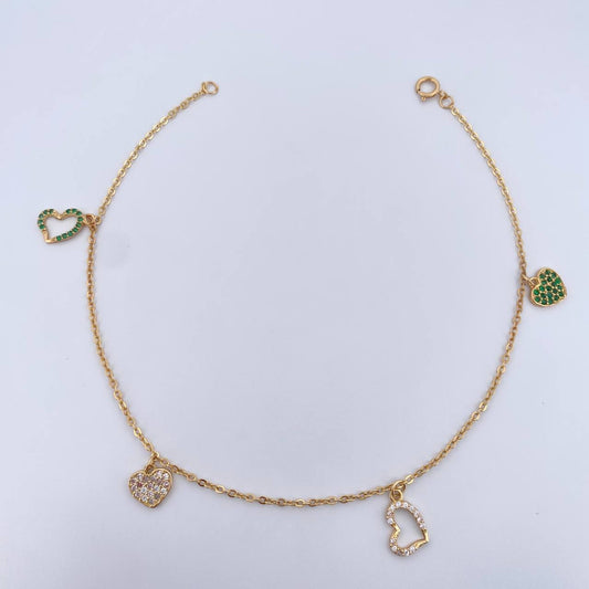Ankle bracelet Classic Link 3.3gr / 24.9cm / Pendants Heart White and Green Zirconia 18K Yellow Gold &