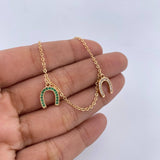 Ankle bracelet Classic Link 4.3gr / 25.2cm / Pendants Horseshoe White Green Zircons 18K Yellow Gold &