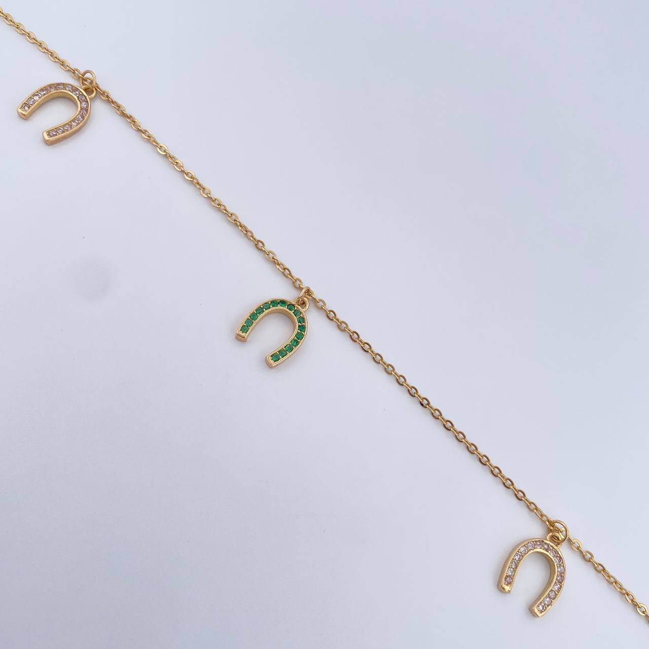 Ankle bracelet Classic Link 4.3gr / 25.2cm / Pendants Horseshoe White Green Zircons 18K Yellow Gold &