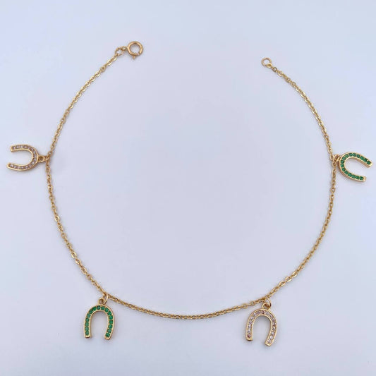 Ankle bracelet Classic Link 4.3gr / 25.2cm / Pendants Horseshoe White Green Zircons 18K Yellow Gold &